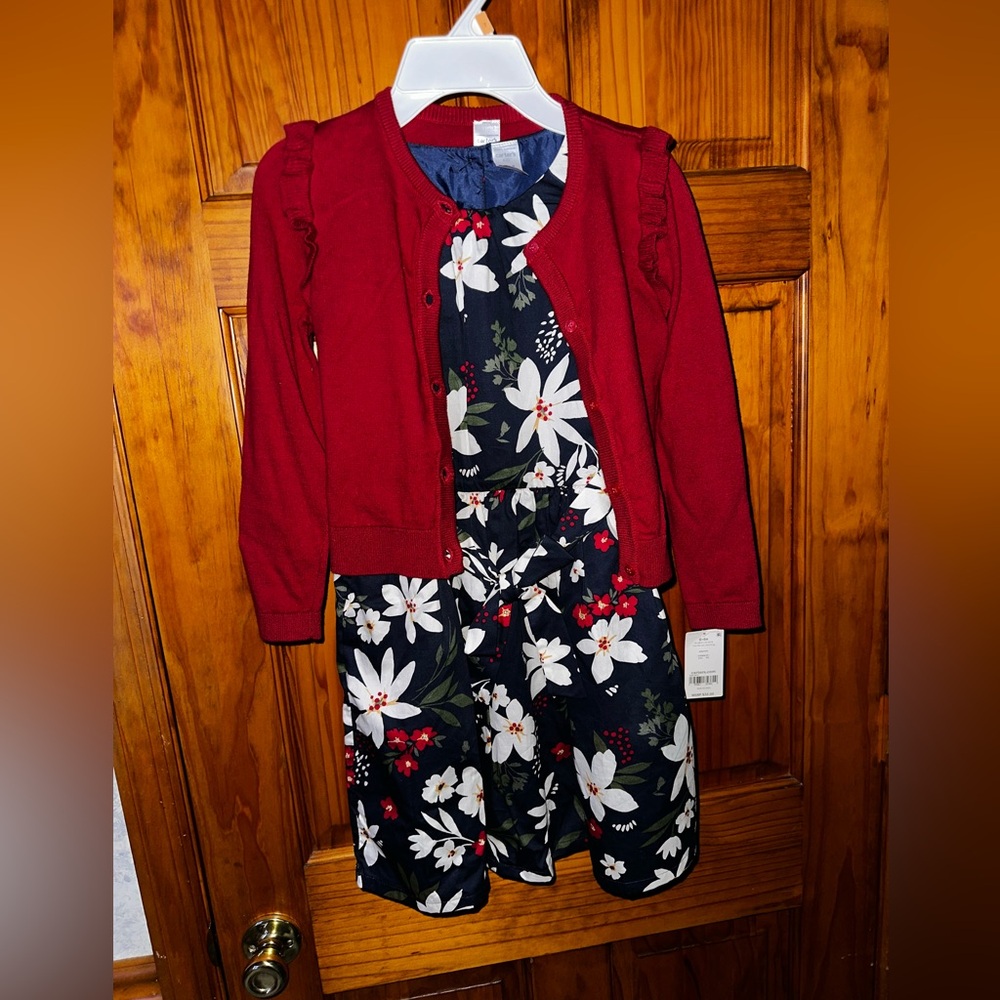 Carter's Red Knit Cardigan and Floral Dress